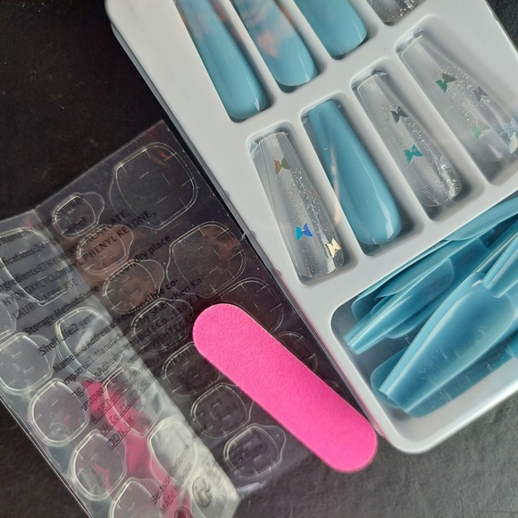 Beautiful Nails- Long Coffin Blue  Butterfly Glitter Press On - Picture 3 of 5